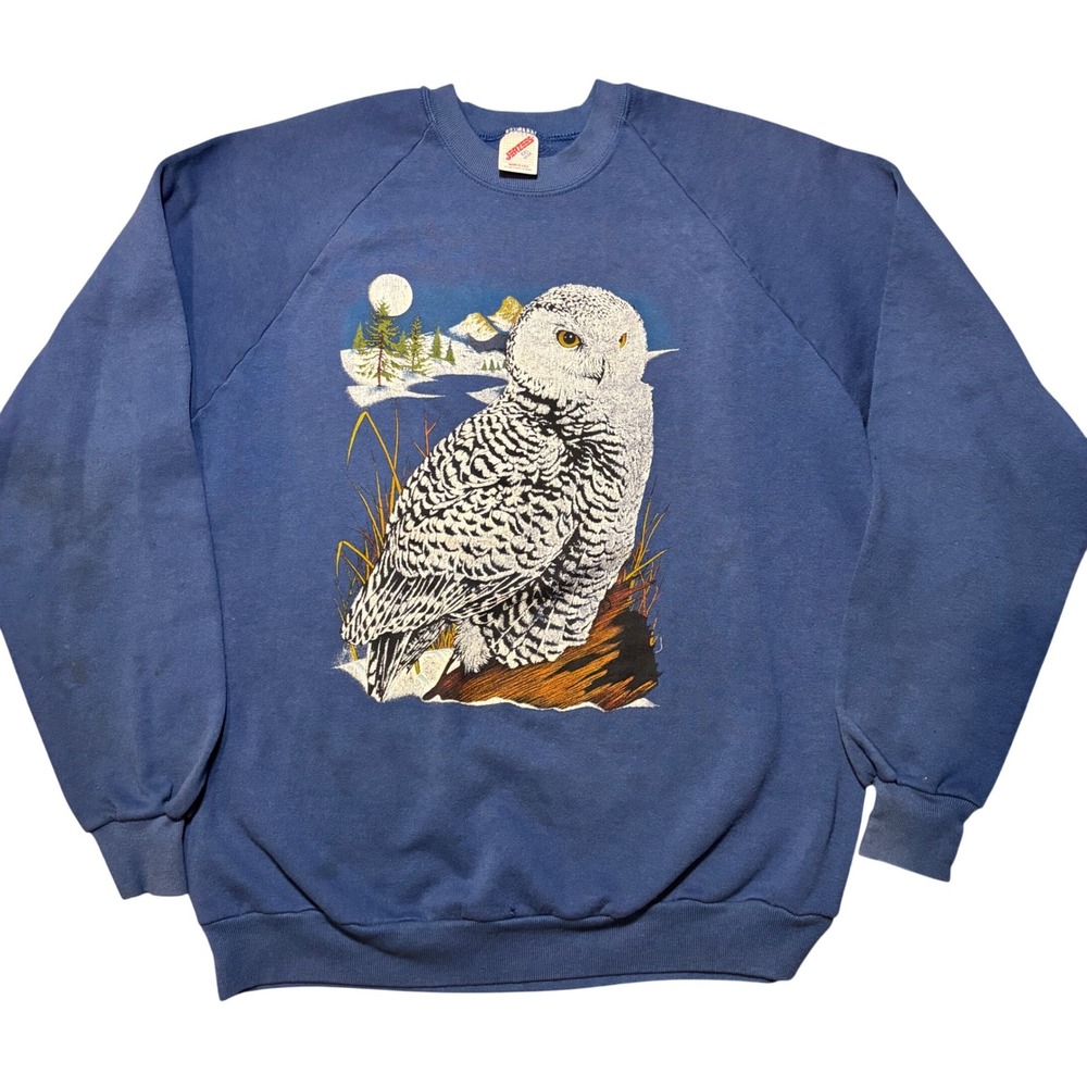 Vintage Snowy Owl Sweatshirt XL Blue Vintage Graphic Raglan Jerzees  USA  90s - Picture 2 of 10